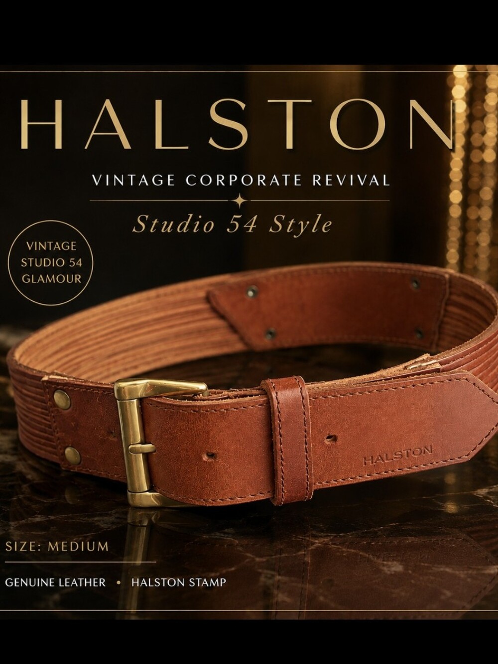 Vintage Halston From 90's. Studio 54 Style Waist Cinching. Brass Buckle. Medium